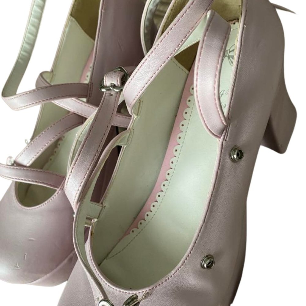 Kawaii Angelic Imprint Baby Pink Strappy Lolita Heels with Bow - Picture 4 of 7